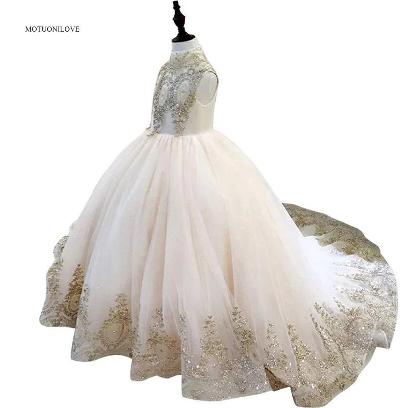 

High Collar Gold Sequins Appliqued Holy Communion Dresses BlingBling Baby Girls Wedding Clothes Bridesmaid Kids Pageant Dresses