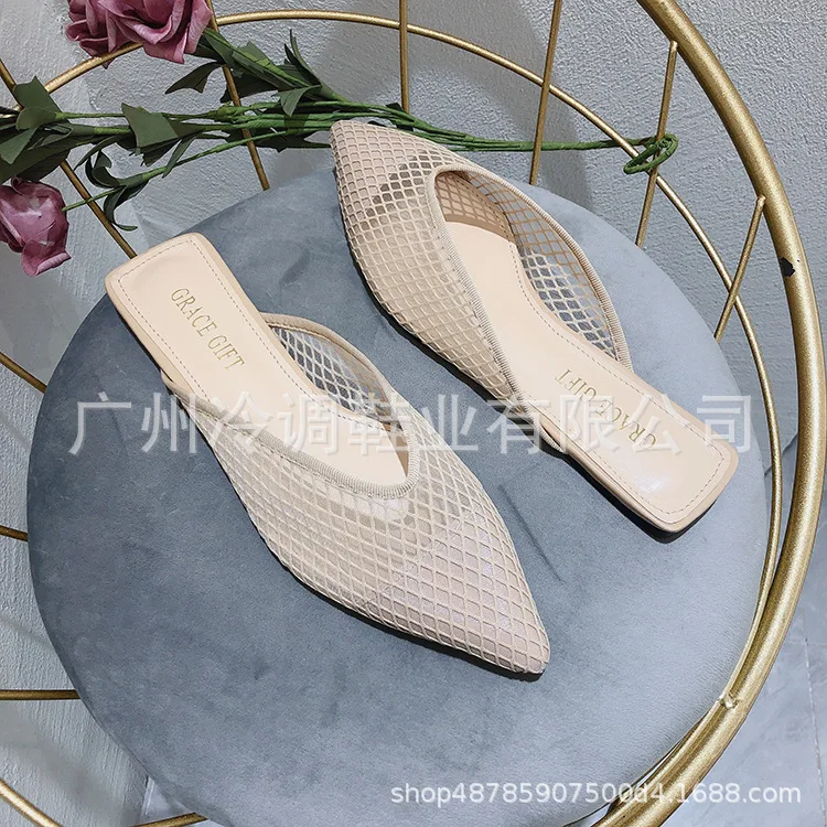

2019 Winter New Style Pointed-Toe Mesh Flat Trailer Europe And America Fashion Big Brand Lai Drag