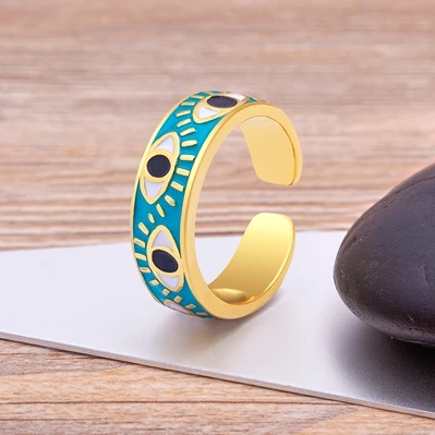 Handmade Enamel Multi-Colors Stackable Band Ring Women Gold Plated Dripping Oil 9 Colors Evil Eye Rainbow Ring Adjustable
