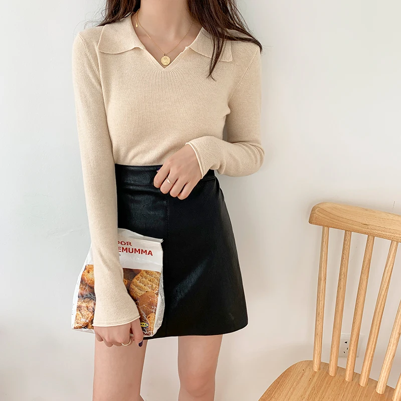 

Knit new Autumn/Winter 2020 POLO neck V neck slimming pure color long-sleeved sweater versatile wear women