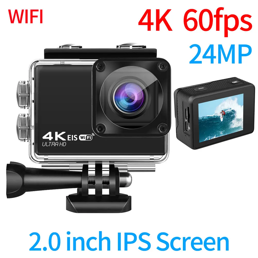 Cámara de Acción 4K/60fps para exteriores, videocámara impermeable, DV, WiFi, 2,0 pulgadas, 24MP, 170D, casco de fotos, cámaras de grabación de vídeo