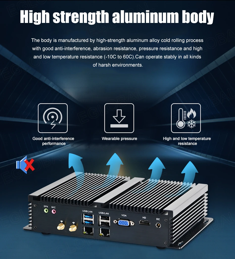 Elevate Your Operations with the Eglobal Industrial Fanless Mini PC - 6 COM, 2 LAN, Windows/Linux, Barebone System. Experience 7/24 Hours Working, 4 USB 2.0, 4 USB 3.0, and WIFI. Upgrade your industrial setup with this high-performance computing solution! Description Image.