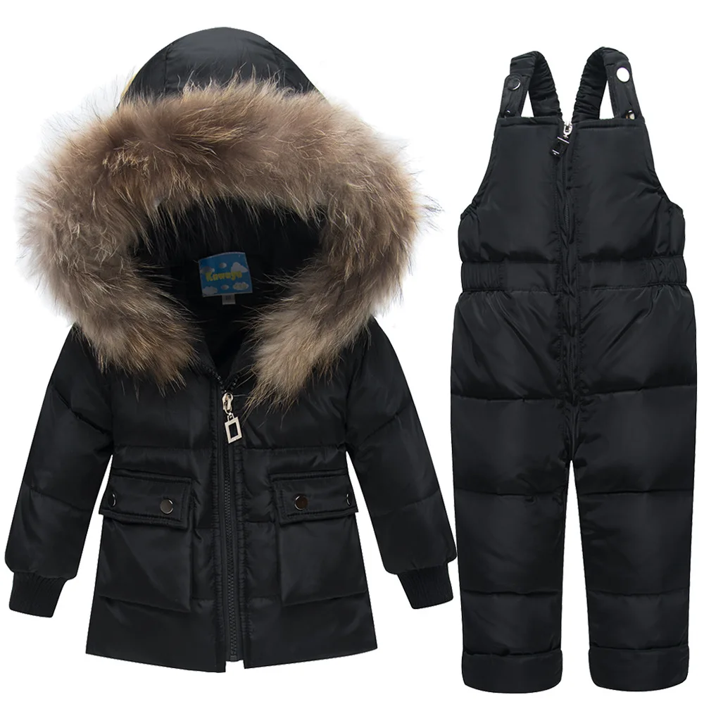 Новая детская зимняя верхняя одежда, пуховая куртка пальто с воротником из натурального меха для мальчиков и девочек комплекты для снежной погоды из двух предметов с ремнями для малышей