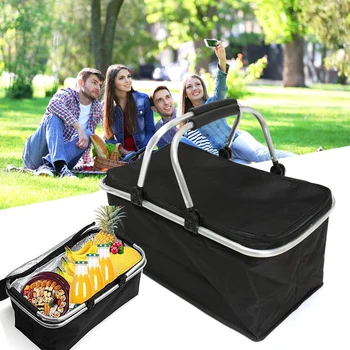 

Hot 2PCS Folding Picnic Bag Oxford Aluminum Frame Handles Shopping Basket Storage Box Camping Cooler Bag