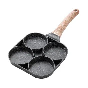 

4 Hole Omelet Pan for Burger Eggs Ham Pancake Maker Wooden Handle Frying Pot Non-stick Cooking Breakfast