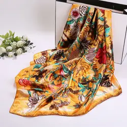 Модные шарфы для женщин с цветочным принтом атласный шелковый шарф Хиджаб Женский 90x90 см квадратный платок шарф на голову для дам