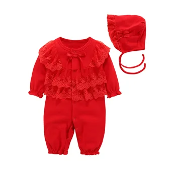 

2020 Autumn Winter Baby Jumpsuit New Baby Girl Bodysuits Pink Red Pure Cotton Baby Romper With Hat