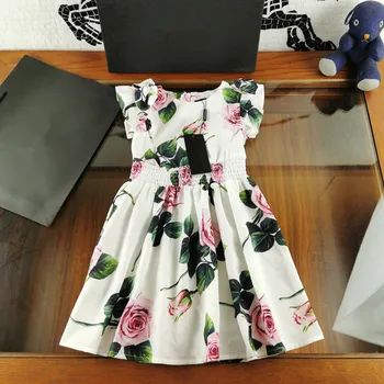 

2020 Summer New Kids Girls Lovely Printing Beach Rose Flower Green Leaves Elastic Waist Ruff Cuff Sweet Dress 110-160 Children