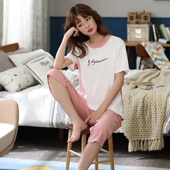 

New Pajamas Women Cotton Short Sleeve Summer Leisure Wear Fresh Leisurewear Suit Pajama Set Women Huispak Vrouwen Sleepwear