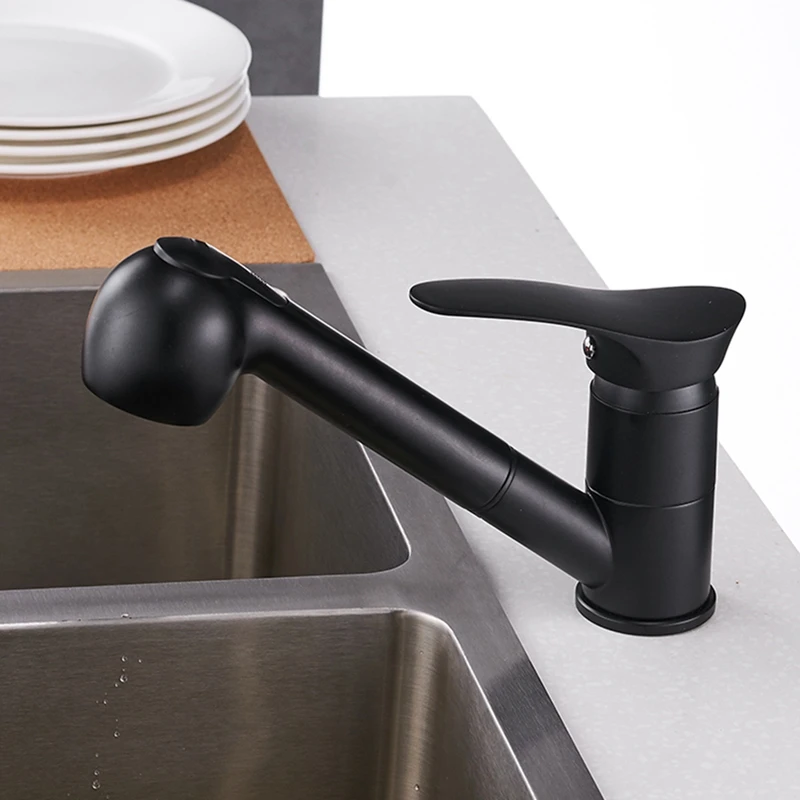  Wf-7005 Kitchen Faucet 360 Degree Rotation Pull Out Kitchen Sink Faucet Water Saving Polished Black - 4000094599590