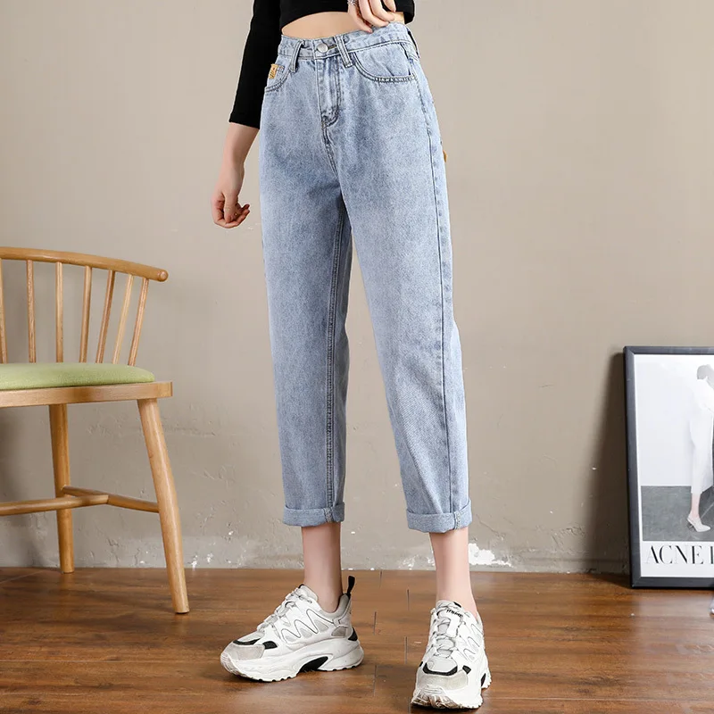 Осенние новые рваные джинсы женские свободные с высокой талией девять точек Harlan брюки женские