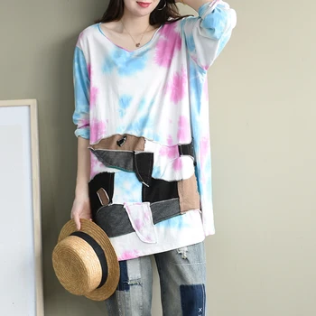 

Spring Summer T-shirt Large size Loose Women Fashion Pullovers Tops 2020 O-Neck Print Patchwork Casual All-match T-shirt Tops