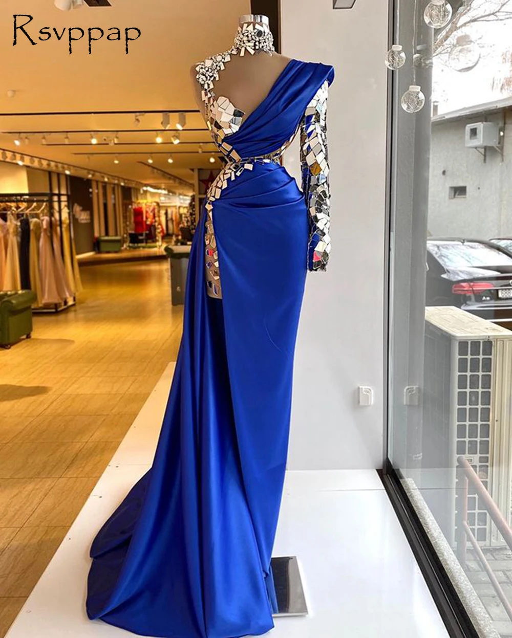 Abiti da sera lunghi scintillanti 2022 abiti da cerimonia convenzionali con  spacco laterale in raso blu Royal a manica lunga a manica lunga  singola|Evening Dresses| - AliExpress