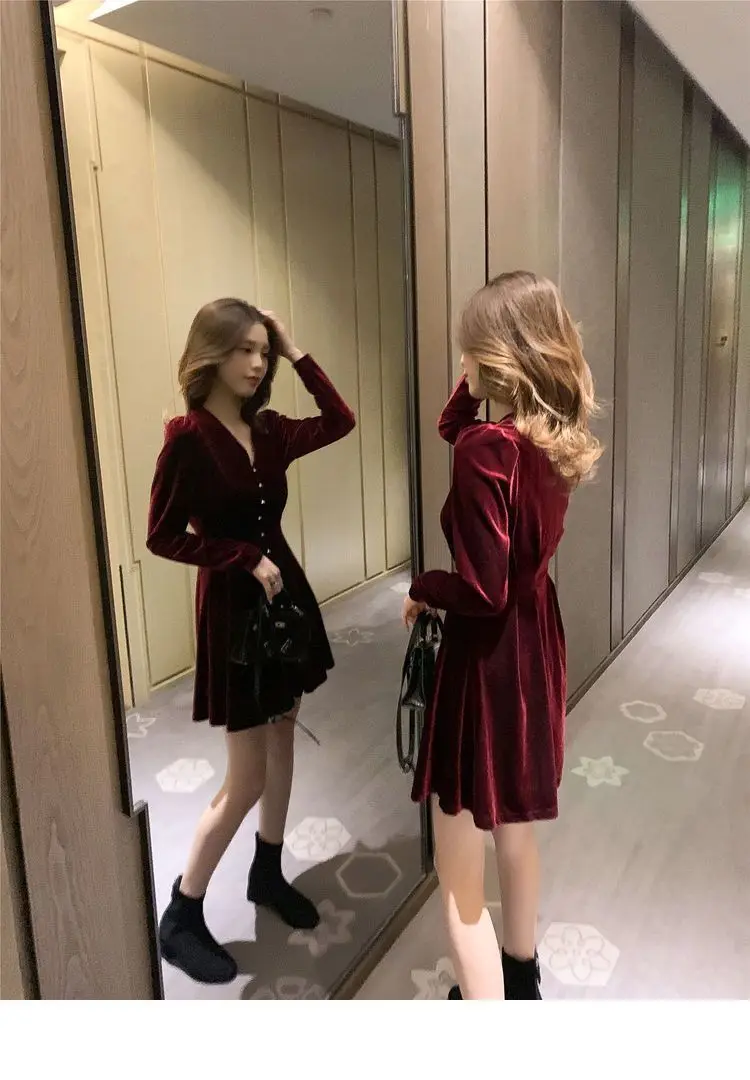 Long Sleeve Dress Women Button V-neck Solid Casual Female Korean Style Elegant Simple Sexy Mini Autumn Popular Fashion Burgundy bridal shops near me