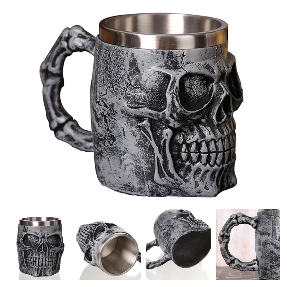 Ретро дракон смолы из нержавеющей стали пивная кружка Череп Рыцарь Танкард Хэллоуин кофейная чашка Творческий Викинг чайная кружка Бар Украшение - Цвет: Silver Skull King