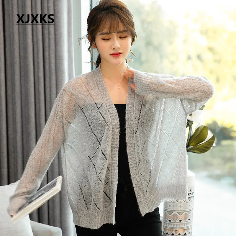 

XJXKS Loose large size women wool cardigan 2019 autumn new comfortable openwork knitted sweater women sweater