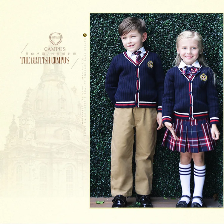 

Sweater Processing Customizable England College Style V-neck Vertical Stripe School Uniform Knitted Long-sleeved Cardigan 100% C