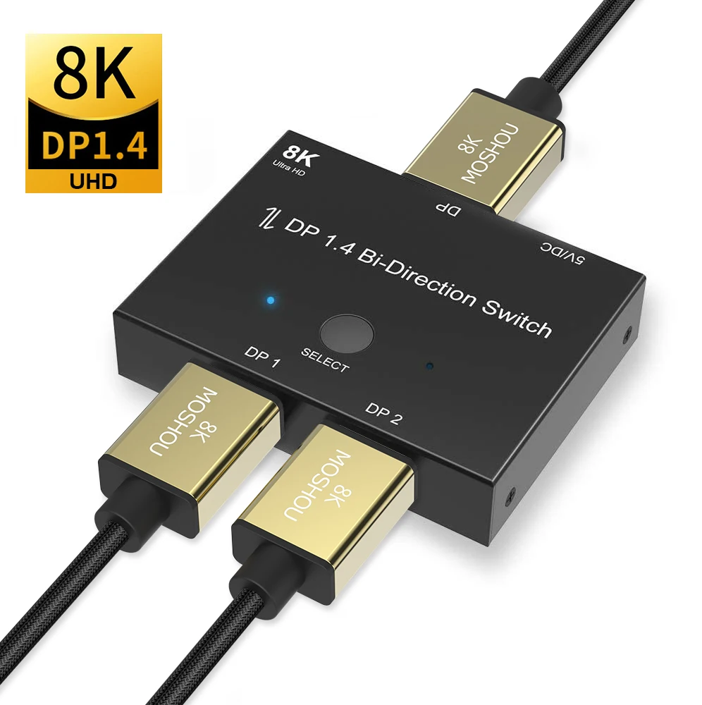 

MOSHOU DisplayPort 1.4 Bi-Direction Switch Splitter 1X2 or 2x1 DP 1.4 KVM 8K@30Hz 4K@120Hz for PC Laptop Switcher Adapter