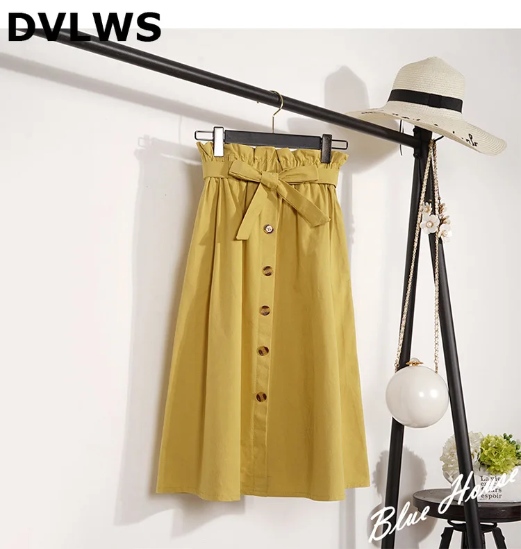 

2019 Free Shipping Summer Korean Midi Skirts Women A-Line Jupe Femme Skirts with Button Women Bule Khaki Skirt Pink 6 Colors