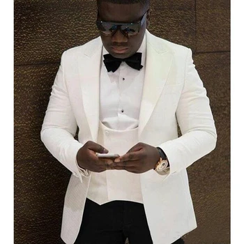 

White Groom Tuxedos Notch Lapel Groomsmen Wedding Dress Fashion Man Jacket Prom Blazers Dinner 3 Pieces Suit (Jacket+Pants+Vest)
