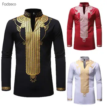 

Fadzeco African Men's Clothes Dashiki Black Long Sleeve Shirt Max Print Outfits Tops African Clothing Bazin Riche Classic Formal