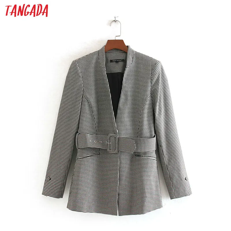 

Tangada women warm winter plaid pattern suit jacket with belt office ladies vintage plaid blazer pockets work coat CE126