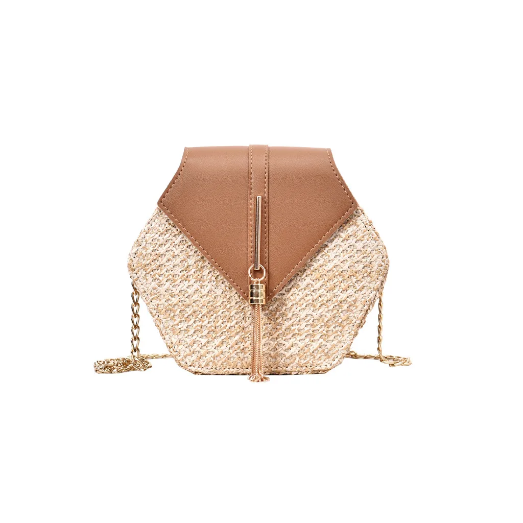 Коричневый Hexagon Mulit стиль соломы+ Кожаная сумка женская летняя плетеная Сумка из ротанга ручной работы тканая пляжная круглая богемная сумка на плечо Y20 - Цвет: Коричневый