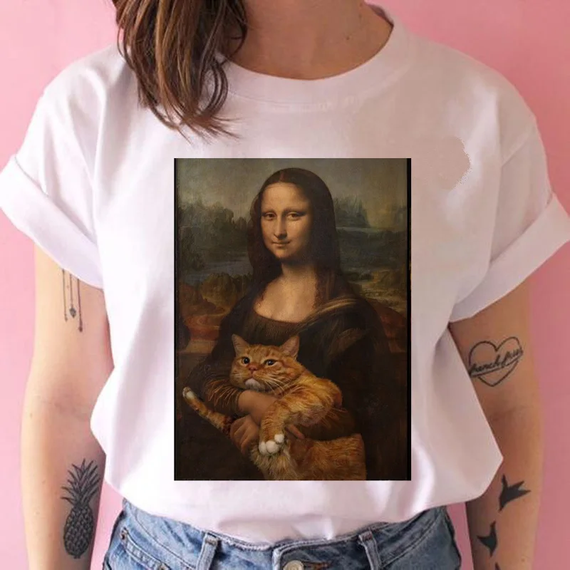 Mona lisa cat Футболка ulzzang Женская Хип-хоп забавная Футболка модная harajuku kawaii женская футболка уличная 90s Tumblr - Цвет: 146