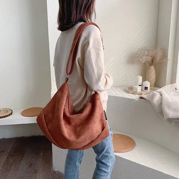 

Large Casual Totes Suede Fabric Women Messenger Bags Korean Fashion Female Shoulder Bags Wide Strap Hobos For Girls Daily Totes