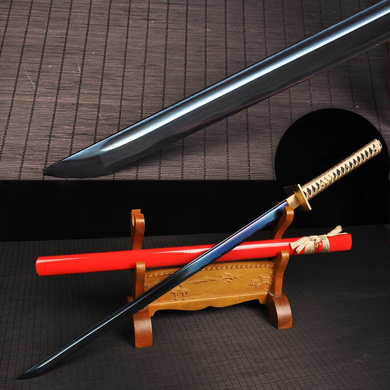 Red Katana Sword Real Japanese handmade 1045 carbon steel Blade Blue color sharp Full Tang decorative arrival supply