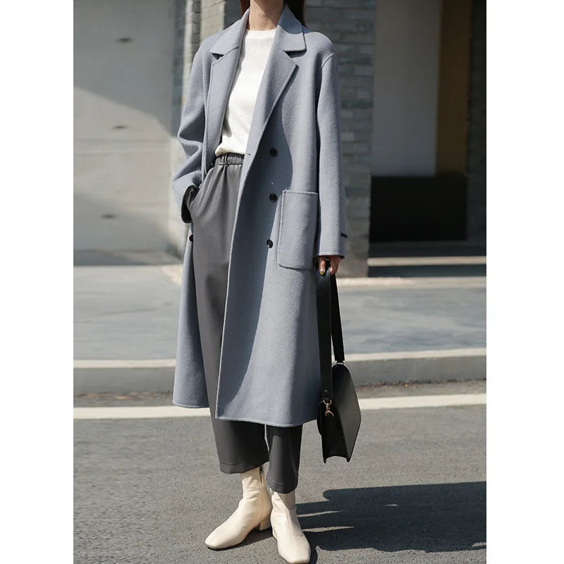 

Wool Coats and Jackets Women Adjustable Waist Double Breasted Turn-down Collar Solid Long Normcore/Minimalist winter