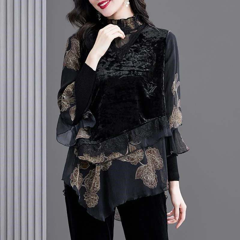 Women Mid-Length High-End Velvet Top 2021 Female New Brand Fashion Lace Stitching Middle-Aged Mother To Wear Autumn Winter A1104