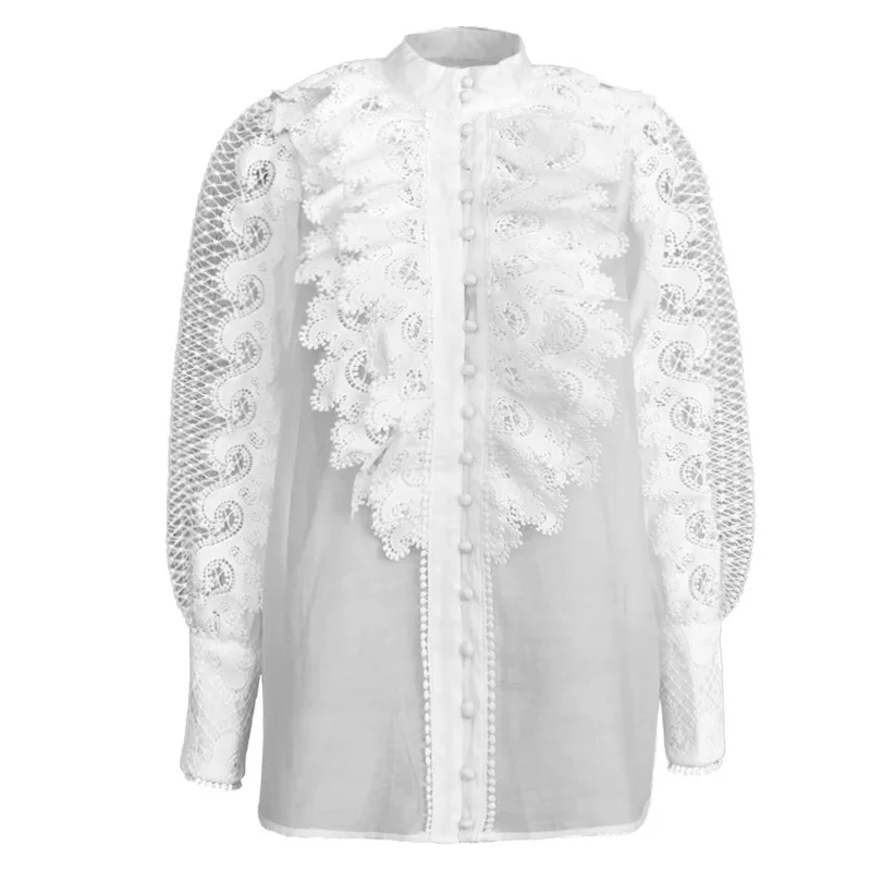 

Autumn Fashion Elegant White Patchwork Lace Shirt For Women Stand Collar Lantern Long Sleeve Shirts Female 2019 New