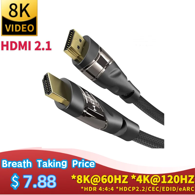 

HDMI 2.1 video Cable Copper 8K@60 HZ 4K@120HZ UHD HDR 48Gbps cable HDMI Converter for PS4 HDTVs Projectors High Speed 8K 1M 2M