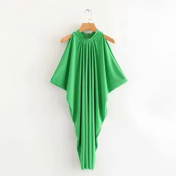 

New 2020 Women fashion solid sleeveless pleats green Dress ladies hang on neck casual loose knitted Vestidos Chic Dresses DS3750