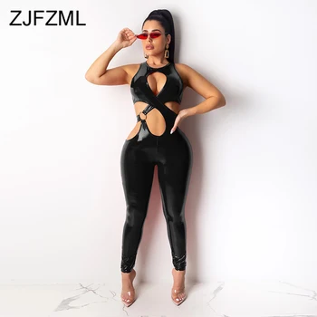 

Sexy Cut-Out PU Leather Jumpsuits Women Tank Sleeveless Cross-Criss Solid Bandage Romper Elastic Fleece Bodycon Party Jumpsuit