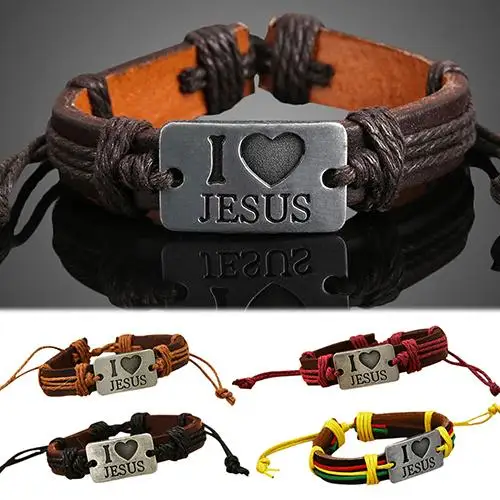 Unisex I LOVE JESUS Faux Leather Bangle Hemp Rope Chain Adjustable Bracelet | Украшения и аксессуары