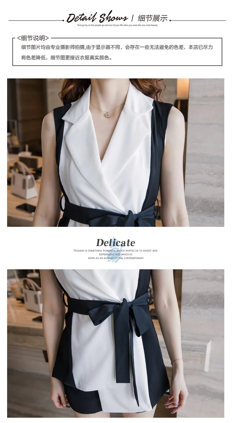 Summer New Two-piece Sets Women Temperament Notched collar Sleeveless Hit color Long Shirt Blouse and Shorts Professional Suits blazer and pants set