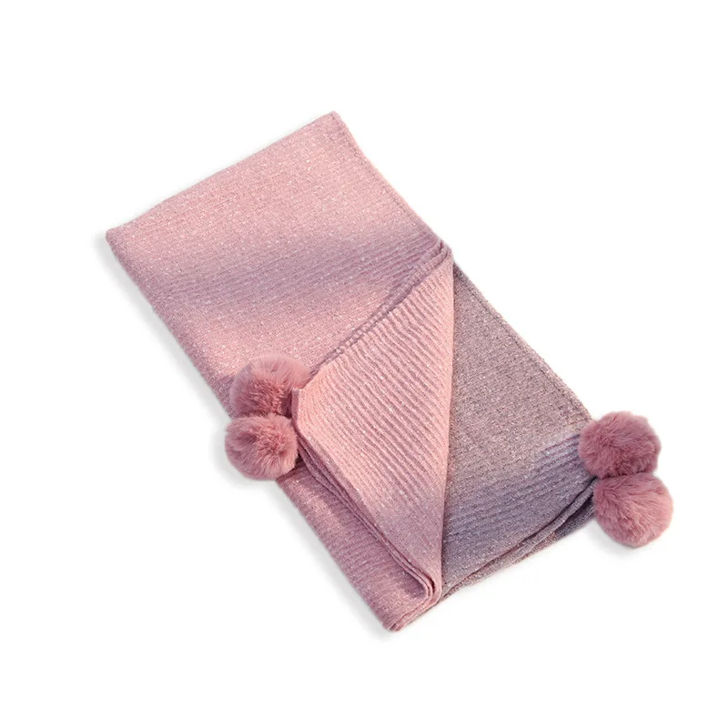 

2020 Winter New Color Matching Double-Sided Hanging Beard Pom-Pom Scarf Female Wool Knitted Warm Shawl Dual-Purpose Scarf