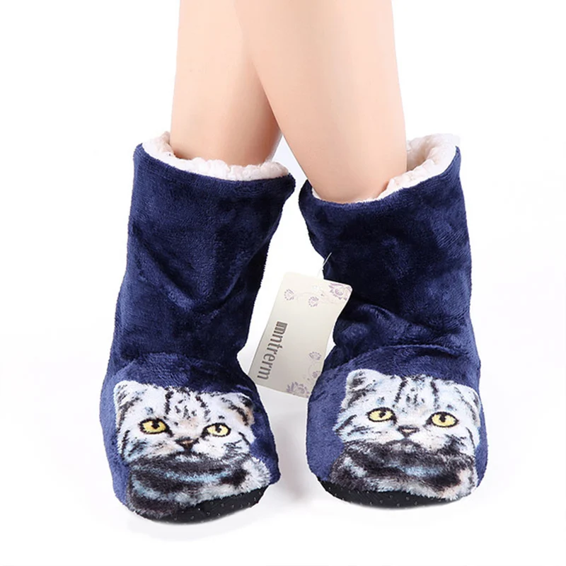 Женские домашние тапочки Милые теплые на зиму с рисунком кота Женский плюшевый