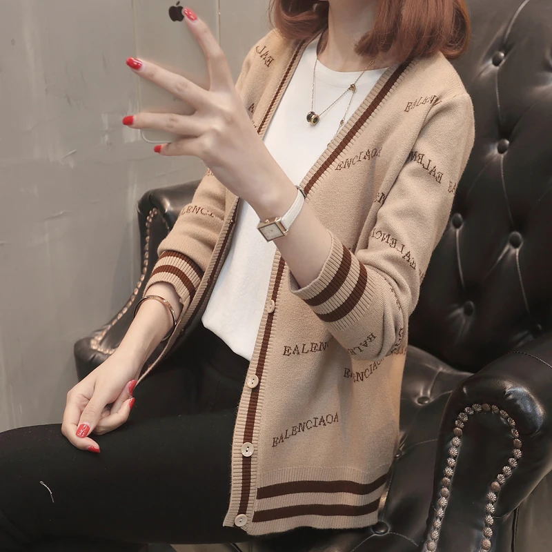 

2019 Spring autumn Women Single Breasted V-Neck Knitted Coat Female Print Letter Long Sleeve Knitted Sweater Cardigan cc818