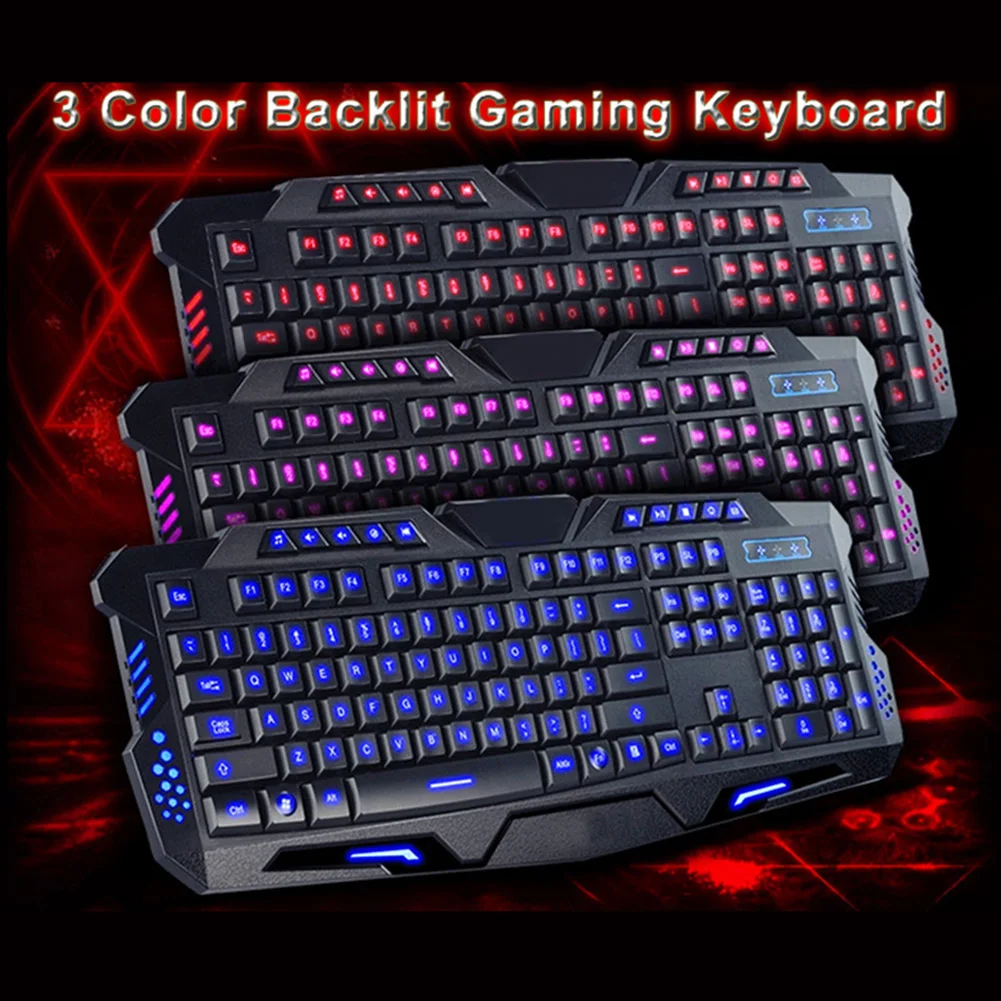 Русский/Английский Gaming Keyboard светодиодный 3-Цвет USB Проводная Цвет Фул дыхание подсветкой Водонепроницаемый компьютер трещины клавиатура 104 ключи