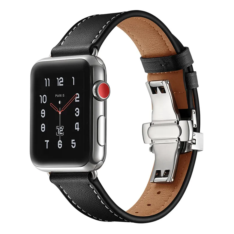 E2 38 мм Серебряная бабочка кожаный ремешок с пряжкой для apple watch ремешок для apple watch 1/2/3/4 серии - Цвет: E2-38MM-black