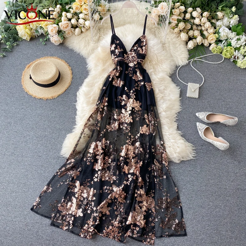 

VICONE Female Temperament Party Dress Dress Sexy Deep V-neck Hollow Halter Strap Sequined Dress