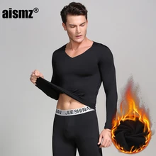 Aismz Новое модное мужское термобелье мужское длинное осенне-зимнее топ с v-образным вырезом+ штаны комплект теплый флис толстый плюс размер M-4XL