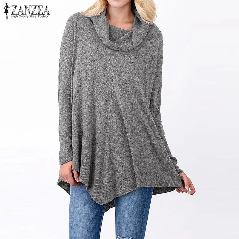 ZANZEA, женская блуза с длинным рукавом, Женская Повседневная однотонная водолазка, рубашка, осень, ассиметричные пуловеры с подолом, топы, блузы, сорочка