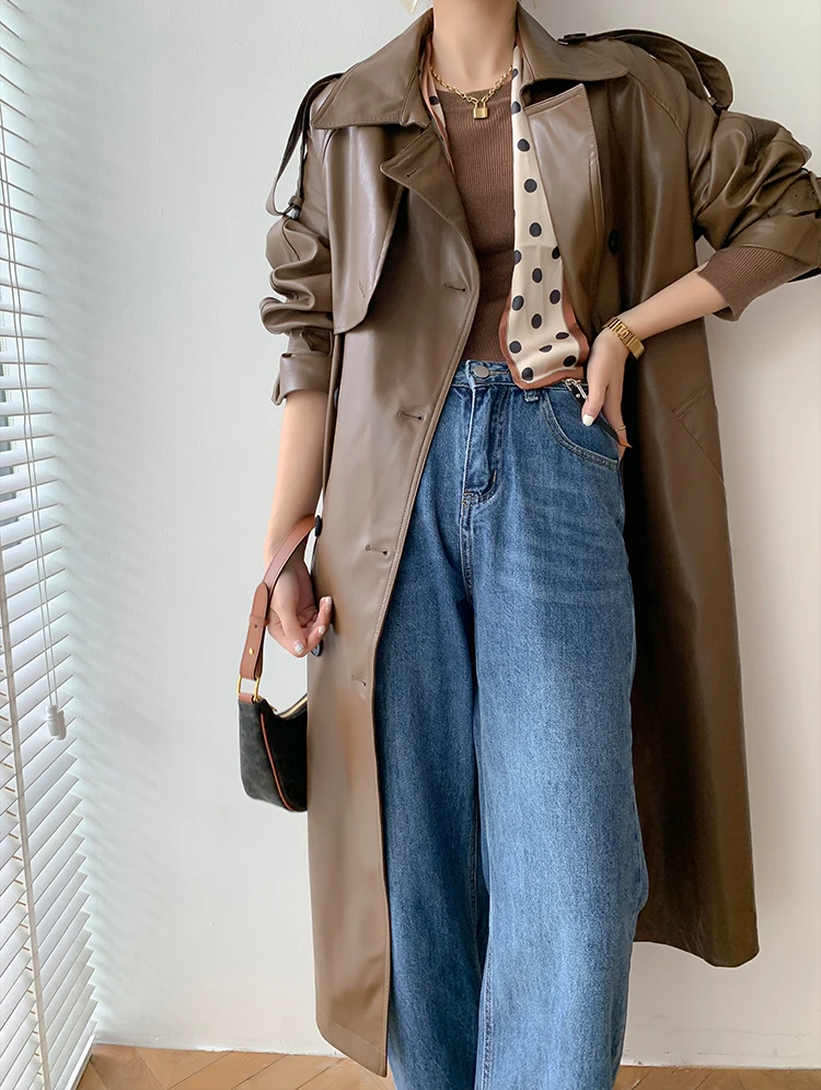 Korea Runway Designer 2021 Fall /Autumn leather Maxi Long Trench Coat With Belt Chic Female Windbreaker Classic women's down coats & jackets