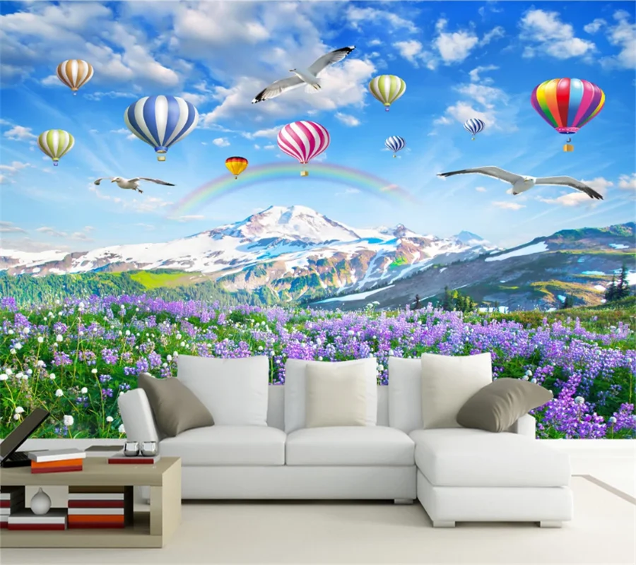 

Wellyu пользовательские обои 3d плато Лаванда цветок море горячий воздух воздушный шар пейзаж живопись Гостиная ТВ фон стены