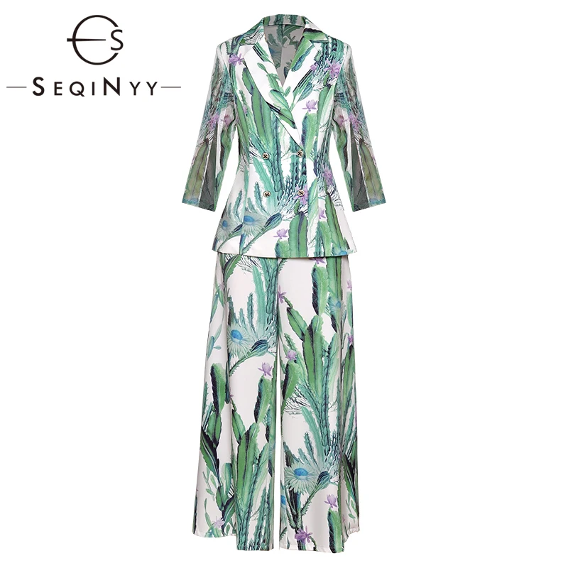 

SEQINYY Fashion Suit 2020 Spring Autumn New Design Bead Button Long Sleeve Blazer + Loose Pants Women Green Flowers Print Set