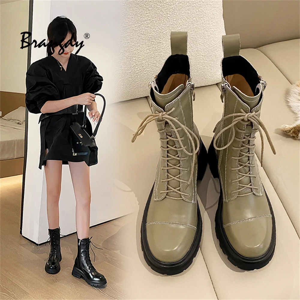 Brangdy Martins Boots For Fashion Ankle Boots Women Cow Leathe Lace-Up Zip Platform Genuine Leather Ladies Winter Boots